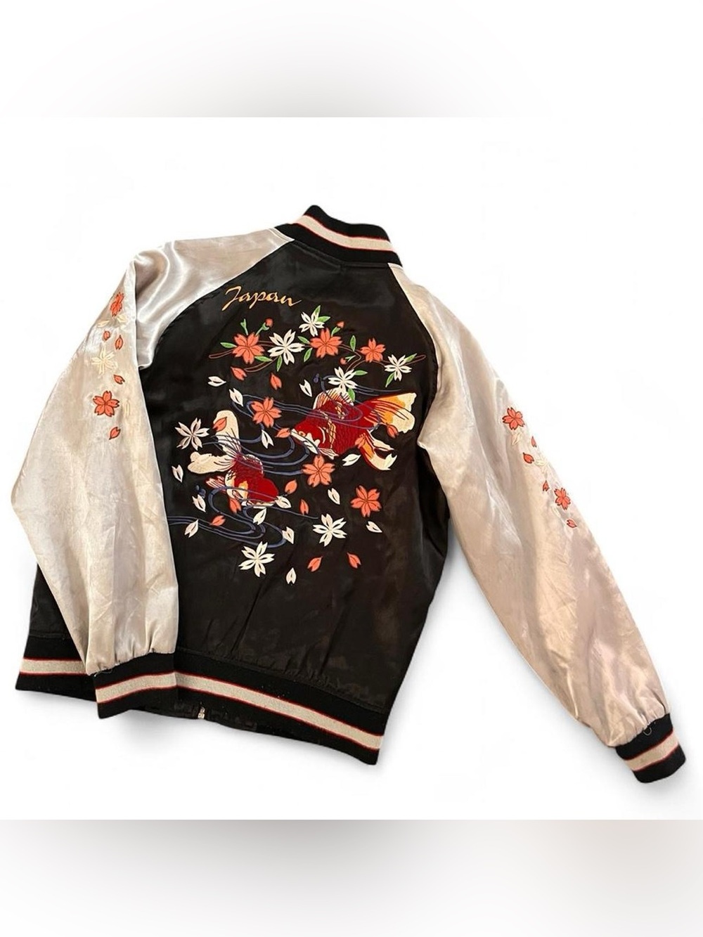TRUE VINTAGE • Japanese sakura koi fish embroidered satin bomber souvenir jacket